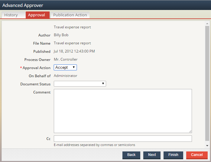 Screenshot of Advanced Approver dialog, showing action being taken on behalf of another user.